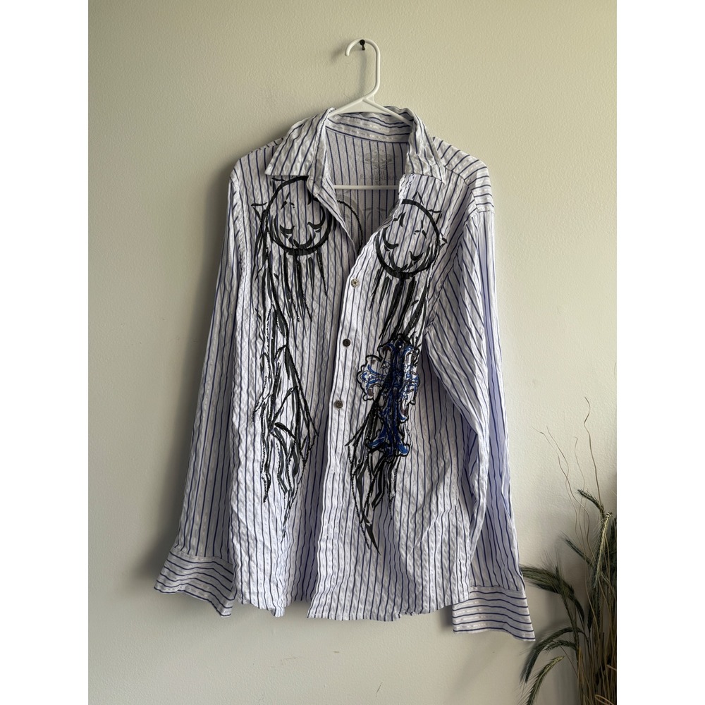 El General Mens XL Blue White Striped Y2K Graphic Cross Sequin Button Down Shirt
